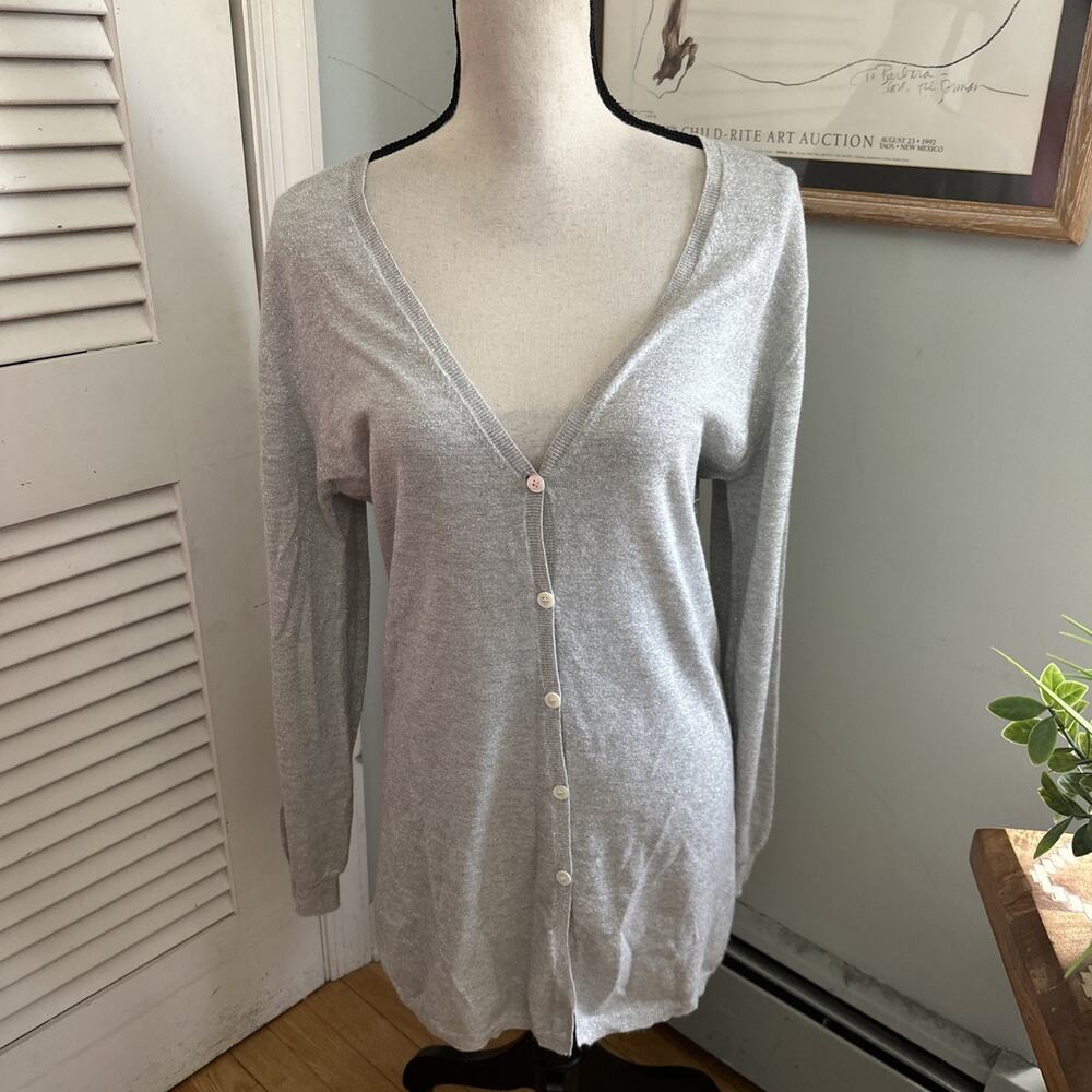 Allude Cardigan Womens Large Gray Shimmering Metallic Long Line Minimalist Glam